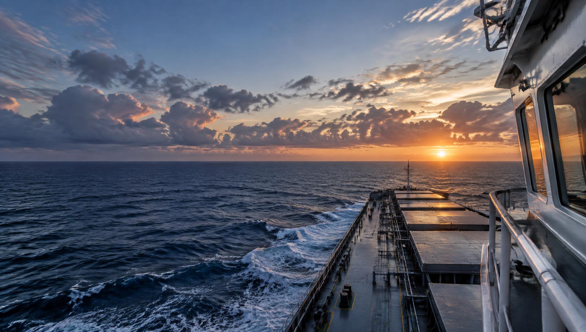 Merchant ship crossing open water at sunrise